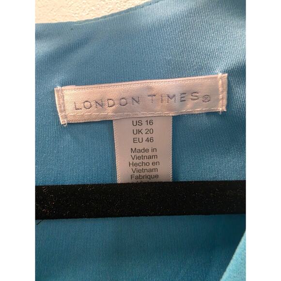 London Times Dress Size 16 Blue Atoll Faux Wrap Belted Puff Sleeve Knee Length - Picture 9 of 9